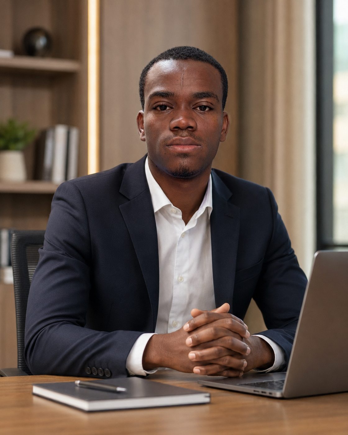 Cherif Moutalib Moussa assis à son bureau devant un ordinateur portable