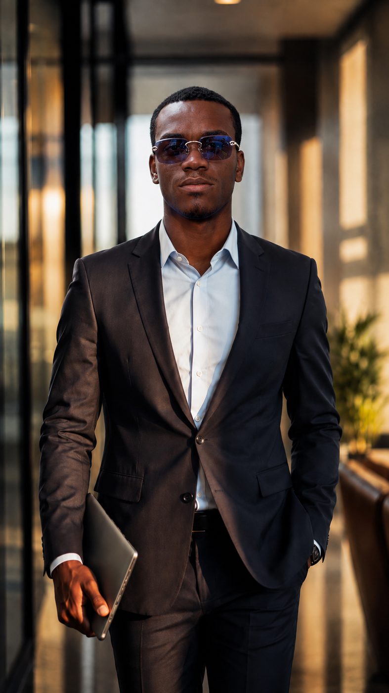 Cherif Moutalib Moussa avec lunettes de soleil et ordinateur portable dans un couloir moderne
