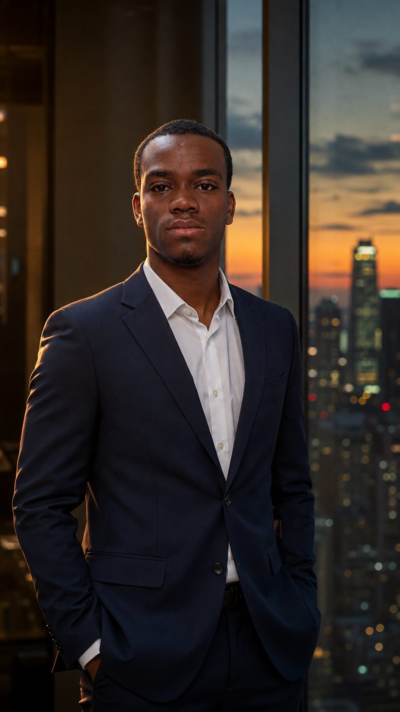 Cherif Moutalib Moussa devant une baie vitrée avec vue sur la ville au coucher du soleil